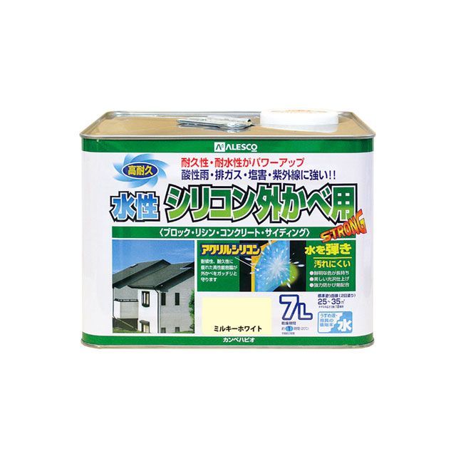 ●メーカー名：カンペハピオ / Kanpe Hapio●商品名：水性シリコン外壁用 ミルキーホワイト 7L●メーカー品番：・00427650511070●JANコード：4972910237547商品の保証は、メーカー保証書の内容に準じます。仕様【塗れない物】セラミック系サイディング、タイル、セラミック、フッ素、シリコンなど特殊処理された壁、プール・池など常に水に浸かっている所■容量：7L■色：ミルキーホワイト■商品サイズ（mm）：238×238×174■商品重量（g）：9240■乾燥時間： 約1時間（20℃） 約2時間（冬期） ■重ね塗り時間：4時間以上（20℃） 6時間以上（冬期）■塗り面積（m2）：約 25〜35■塗り重ね回数：2回用途コンクリート壁、ブロック塀、リシン壁、吹きつけ壁、サイディング特長■高耐久アクリル・シリコン樹脂配合だから紫外線・排ガス・雪・酸性雨など外敵から建物を守り、長期間風合い・ツヤを保ちます。■臭いが少なく、乾燥も速く、使いやすい水性タイプ。※乾くと雨や水で流れ落ちる事はありません。■防カビ剤配合だからをカビの発生から守ります。※掲載画像はイメージです。実際の商品とは色味や仕様が異なる場合がございます。