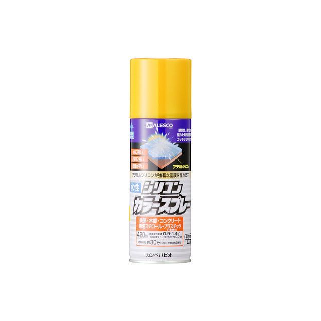 ●メーカー名：カンペハピオ / Kanpe Hapio●商品名：水性シリコンカラースプレー イエロー 420ML●メーカー品番：・00507654032420●JANコード：4972910383787商品の保証は、メーカー保証書の内容に準じます。●仕様【塗れない物】自動車、バイク、高級家具、床面、常に水に浸かっている所、鉄以外の金属（ステンレス、アルミ、メッキ、真ちゅう、銅、ホーロー）、化粧板、吸い込みの大きいMDF板、ストーブの高温部、ポリカーボネート、ポリエチレン、ポリプロピレン■容量：420ml■色：イエロー■商品サイズ（mm）：65Φ×215■商品重量（g）：450■乾燥時間： 約30分（20℃） 約2時間（冬期） ■重ね塗り時間：2時間以上（20℃） 4時間以上（冬期）■塗り面積（m2）：約 0.9〜1.4■塗り重ね回数：2回●用途木部・鉄部・アルミ・紙・プラスチック（一部を除く）・発泡スチロール・コンクリート・ガラス（短期使用に限る）●特長■高耐久アクリル・シリコン樹脂配合だから紫外線・排ガス・雪・酸性雨などに耐久性に優れた汚れに強い塗膜を作ります。■臭いが少なく、いろいろな素材に塗れる水性タイプ。※乾くと雨や水で流れ落ちる事はありません。●写真注意※画像はイメージです。