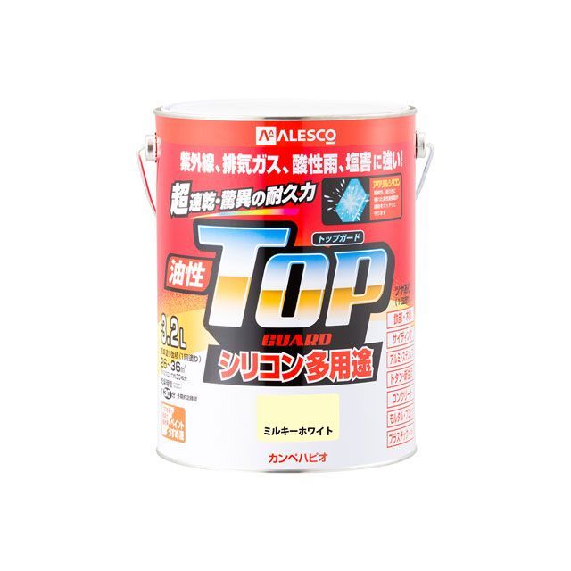 ●メーカー名：カンペハピオ / Kanpe Hapio●商品名：油性トップガード ミルキーホワイト 3.2L●メーカー品番：・00017640511032●JANコード：4972910406745商品の保証は、メーカー保証書の内容に準じます。仕様【塗れない物】自動車、バイク、高級家具、床面、ビニールクロス、常に水に浸かっている所、メッキ、真ちゅう、銅、ホーロー、タイル、陶器、ポリカーボネート、ポリエチレン、ポリプロピレン、シリコンなど特殊処理された素材■容量：3.2L■色：ミルキーホワイト■商品サイズ（mm）：169Φ×223■商品重量（g）：4389■乾燥時間： 約30分（20℃） 約2時間（冬期） ■塗り面積（m2）：約 26〜36■塗り重ね回数：1回■硬化時間：2時間以上（20℃） 6時間以上（冬期）用途鉄部・木部・アルミ・ステンレス・プラスチック（一部を除く）・コンクリート・植木鉢など特長■高耐久アクリル・シリコン樹脂配合だから紫外線・排ガス・雪・酸性雨など外敵から建物を守り、長期間風合い・ツヤを保ちます。■従来の油性塗料では塗装できなかったアルミ・ステンレス・プラスチックや外壁サイディングなどにも塗れる多用途タイプ。■たれにくく塗りやすい超速乾型油性塗料だから作業性が抜群です。■光沢が優れ、鉄部のサビに強い油性タイプ。■防サビ配合だから鉄部をサビの発生から守ります。※掲載画像はイメージです。実際の商品とは色味や仕様が異なる場合がございます。
