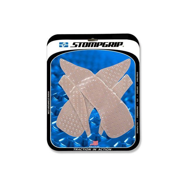 ●メーカー名：ストンプグリップ / STOMP GRIP●商品名：トラクションパッド タンクキット●カラー：クリア・カラー：ハイブリッドはこちら・カラー：ブラックはこちら●メーカー品番：55-10-0166C●JANコード：4550255702366商品の保証は、メーカー保証書の内容に準じます。●素材エラストマー樹脂●備考STOMP GRIPは世界各国のトップレーサー、トップスタントライダーに愛用されています。日本のサーキット、ストリートでも大好評。STOMP GRIPの愛用者は世界中で激増中です。●貼り方1.貼付面の清掃を行ってください。（クリアをご使用の場合、汚れや水垢をコンパウンド等できれいに落としてから作業を行ってください）2.貼付面の脱脂を行ってください。3.位置決めを行います。4.空気が入らない様に端から貼ってください。裏紙は貼りながら剥がしてください。（端から時間をかけて、少しずつ確実にゆっくり貼ってください）ストンプグリップの粘着力が安定するまでには24時間が必要です。完全接着には72時間が必要です。完全接着前にご使用された場合、剥がれてしまったり、ずれてしまったりする場合があります。※フレーム面に貼付するストンプグリップは特にご注意ください。●ご注意※ストンプグリップの接着剤はとても強力です。ストンプグリップを無理に剥がした場合、塗装が痛んだり剥がれたりする恐れがあります。ストンプグリップを剥がすには、ヒートガンなどで暖めて、粘着力を低下させてから剥がしてください。●写真注意※画像はイメージです。メーカー車種年式型式・フレームNo.その他ドゥカティHYPERMOTARD 950/SP2019※商品掲載時の適合情報です。年式が新しい車両については、必ずメーカーサイトにて適合をご確認ください。