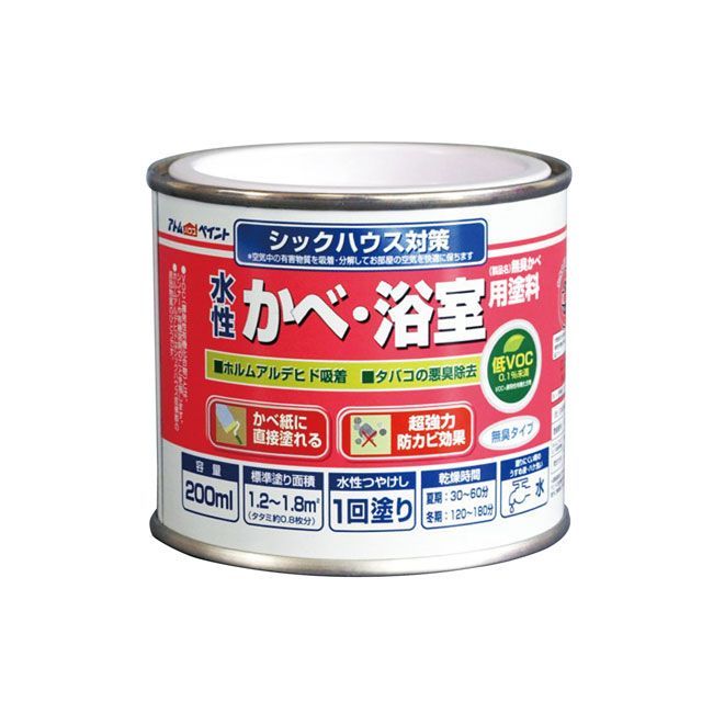 ●メーカー名：アトムハウスペイント / ATOM HOUSE PAINT●商品名：水性かべ・浴室用塗料（無臭かべ）200ML白●JANコード：4971544132518商品の保証は、メーカー保証書の内容に準じます。●カラー白●備考■ホルムアルデヒドやタバコの悪臭を吸着し封じ込めます。■ホルムアルデヒドやタバコの悪臭を吸着し封じ込めます。■強力防かび剤配合なので、浴室かべ・カビの気になるビニールクロスの塗り替えにもお奨めです。■商品サイズ（約）：D76×W76×H66mm■商品重量（約）：340g■【属性・仕上がり感・塗り回数】：水性つや消し仕上げ／1回塗り（薄く2回塗りを推奨）■【用途】：室内かべ、天井、浴室かべ、トイレ、台所、洗面所、リビング／コンクリート、モルタル、しっくい、木部、ビニールクロス／砂壁、京かべ、繊維かべなど■【塗り面積】：200ml／1.2〜1.8m2（タタミ枚数換算約0.8枚）0.7L／4.5〜6.6m2（タタミ枚数換算約3枚）1.6L／10〜15m2（タタミ枚数換算約7枚）7L／45〜66m2（タタミ枚数換算約30枚）14L／90〜132m2（タタミ枚数換算約60枚）■【表面乾燥時間】：夏期／約30〜60分、冬期／約2〜3時間（※気温23℃、湿度50％時の場合）■【うすめ液／刷毛洗い】：通常／不要、濃い時／水ハケ洗い／水■色見本はご使用端末により若干の誤差がございますので、ご注意ください。■浴室のかべに塗る場合は、塗装前日より浴槽の水を抜き、完全に乾燥している状態にしてください。■塗装後は、最低24時間は一切の水や湿気を浴室内に入れないでください。■乾燥不良が起こると、手で触ると色が付いたり、臭いが発生する場合がございますので、ご注意ください。●写真注意※画像はイメージです。