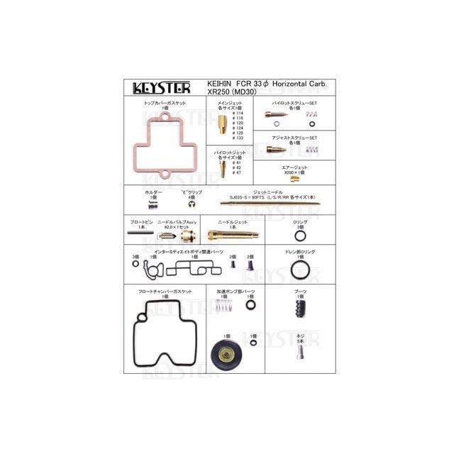 KEYSTER FCR燃調キット 33φホリゾンタルキャブレター用キャブレター オーバーホール＆セッティングパーツセット（XR250 -MD30-） FCR-S33H12 キースター キャブレター関連パーツ バイク XR250