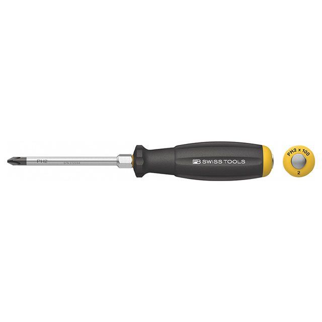 ●メーカー名：PBスイスツールズ / PBSWISSTOOLS(ピービースイスツールズ)●商品名：8193.DN2-100 スイスグリップ貫通プラスドライバー 2mm 全長210mm●メーカー品番：8193.DN2-100●JANコード：7610733286447商品の保証は、メーカー保証書の内容に準じます。●仕様サイズ（＃）：2全長（mm）：210軸長（mm）：100軸径（φmm）：7根元六角サイズ（mm）：10適合ネジ：M3-5質量（g）：130●備考打撃部に加え、ブレードの根元に六角部を設けているので、固着したネジを緩めるのに最適です。バネ鋼ベースの特殊合金で高い硬度を保ち、弾性に優れます。貫通ブレード、打撃エネルギーの効率的な伝達（ブルズアイ効果）。打撃部分の金属プレート（グリップエンド）外周に先端のサイズが刻印されています。スイスグリップはポリプロピレン・サントプレンの2種の新素材からなるハンドルです。特殊な表面構造により、濡れた手で握っても滑りにくく、オイル・溶剤に耐性があります。●写真注意※画像はイメージです