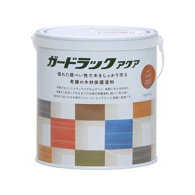 ●メーカー名：和信ペイント / Washi Paint(ワシンペイント)●商品名：＃800362 ガードラックアクア 0.6kg（チーク）●メーカー品番：＃800362●JANコード：4560484612237商品の保証は、メーカー保証書の内容に準じます。下地を隠す半造膜タイプの水性木材保護塗料です。下地を隠す半造膜タイプの水性木材保護塗料です。防虫・防腐・防カビ・撥水効果。塗り直しなど、メンテナンス塗装に最適です。1回塗りで仕上がる、強い着色力があります。臭いが少なく、簡単に塗ることができます。ツヤの少ない、落ち着いた仕上がりになります。優れた撥水効果を発揮します。（塗装後約1週間後から）黒く変色してしまった古材でも、1回塗りで鮮やかな色になります。プロが使っている塗料を、ご家庭でも使いやすい容量にしました。用途：ウッドデッキ、ガーデンテーブル、プランターなどの屋外木部、臭いが少ないので、屋内の木部にも使えます。商品サイズ（約）：縦幅113×横幅121×高さ118mm商品重量（約）：0.77kg容量：0.6kgカラー：チーク（A-3）塗り面積（1回塗りの目安／約）：6m2／畳3.5枚乾燥時間：一晩養生／20degCうすめ液：水（水道水）基本的に、塗料はうすめずに使ってください。うすめる場合は水を加えてください（塗料の効果は低下します）。使ったハケは、水を使って洗えます。石けんや中性洗剤を使うと、よりきれいに洗うことができます。浴室など、高湿度の環境で使うものには使用しないでください。フローリングや化粧合板に塗ると乾きにくくなるので、使用しないでください。※掲載画像はイメージです。実際の商品とは色味や仕様が異なる場合がございます。