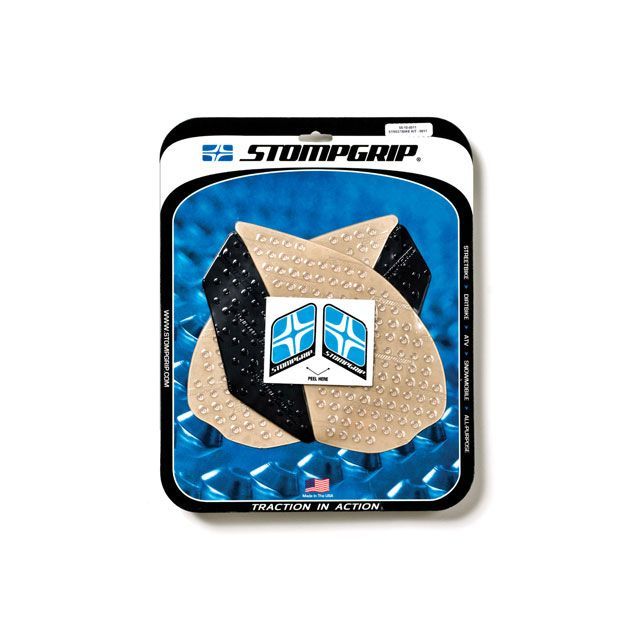 ●メーカー名：ストンプグリップ / STOMP GRIP●商品名：トラクションパッド タンクキット●カラー ハイブリッド・カラー：ブラックはこちら・カラー：クリアはこちら●メーカー品番：55-10-0011H●JANコード：4548664917969商品の保証は、メーカー保証書の内容に準じます。素材エラストマー樹脂備考STOMP GRIPは世界各国のトップレーサー、トップスタントライダーに愛用されています。日本のサーキット、ストリートでも大好評。STOMP GRIPの愛用者は世界中で激増中です。貼り方1.貼付面の清掃を行ってください。（クリアをご使用の場合、汚れや水垢をコンパウンド等できれいに落としてから作業を行ってください）2.貼付面の脱脂を行ってください。3.位置決めを行います。4.空気が入らない様に端から貼ってください。裏紙は貼りながら剥がしてください。（端から時間をかけて、少しずつ確実にゆっくり貼ってください）ストンプグリップの粘着力が安定するまでには24時間が必要です。完全接着には72時間が必要です。完全接着前にご使用された場合、剥がれてしまったり、ずれてしまったりする場合があります。※フレーム面に貼付するストンプグリップは特にご注意ください。ご注意※ストンプグリップの接着剤はとても強力です。ストンプグリップを無理に剥がした場合、塗装が痛んだり剥がれたりする恐れがあります。ストンプグリップを剥がすには、ヒートガンなどで暖めて、粘着力を低下させてから剥がしてください。※掲載画像はイメージです。実際の商品とは色味や仕様が異なる場合がございます。メーカー車種年式型式・フレームNo.その他ヤマハFZ82011-2013※商品掲載時の適合情報です。年式が新しい車両については、必ずメーカーサイトにて適合をご確認ください。