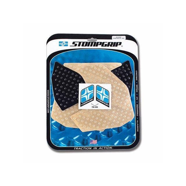 ●メーカー名：ストンプグリップ / STOMP GRIP●商品名：トラクションパッド タンクキット●カラー ハイブリッド・カラー：ブラックはこちら・カラー：クリアはこちら●メーカー品番：55-10-0092H●JANコード：4562372916601商品の保証は、メーカー保証書の内容に準じます。素材エラストマー樹脂備考STOMP GRIPは世界各国のトップレーサー、トップスタントライダーに愛用されています。日本のサーキット、ストリートでも大好評。STOMP GRIPの愛用者は世界中で激増中です。貼り方1.貼付面の清掃を行ってください。（クリアをご使用の場合、汚れや水垢をコンパウンド等できれいに落としてから作業を行ってください）2.貼付面の脱脂を行ってください。3.位置決めを行います。4.空気が入らない様に端から貼ってください。裏紙は貼りながら剥がしてください。（端から時間をかけて、少しずつ確実にゆっくり貼ってください）ストンプグリップの粘着力が安定するまでには24時間が必要です。完全接着には72時間が必要です。完全接着前にご使用された場合、剥がれてしまったり、ずれてしまったりする場合があります。※フレーム面に貼付するストンプグリップは特にご注意ください。ご注意※ストンプグリップの接着剤はとても強力です。ストンプグリップを無理に剥がした場合、塗装が痛んだり剥がれたりする恐れがあります。ストンプグリップを剥がすには、ヒートガンなどで暖めて、粘着力を低下させてから剥がしてください。※掲載画像はイメージです。実際の商品とは色味や仕様が異なる場合がございます。メーカー車種年式型式・フレームNo.その他ヤマハFZ09/MT092014※商品掲載時の適合情報です。年式が新しい車両については、必ずメーカーサイトにて適合をご確認ください。