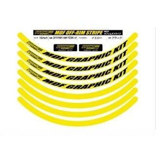 ●メーカー名：エムディーエフ / MDF●商品名：オフリムストライプ●ホイールサイズ 16インチ カラー イエローリム・ブラックロゴ●メーカー品番：OFFRIM-14M-YEBK-16●JANコード：4580394140750●メーカー直送品・代金引換でのご注文不可（ご注文が入った場合、キャンセルとさせていただきます。）・他商品との同時注文（併せ買い）不可。（ご注文が入った場合、キャンセルとさせていただきます。）・納品書、弊社無料雑誌が同梱されません。・運送会社、到着日時指定不可・離島への発送不可※本商品は当社倉庫からの発送ではなく【メーカー直送】となります。注意事項へのご了承をお願い致します。商品の保証は、メーカー保証書の内容に準じます。●ライン幅リム側面一杯に貼るため、ライン幅はインチにより次のようになります。21インチ→13ミリ 16・19インチ→14ミリ 17・18インチ→15ミリ●内容オフリムストライプは1つの商品でホイール1本分となっております。MDFロゴステッカー2枚。貼付け説明書付属。※車両1台分は2セット必要になります。●特長■16-21インチまで対応！1インチ刻みで16-19、21インチ専用サイズをご用意しています。■紫外線対策UV加工済！紫外線による焼け、色落ちを防ぐUV加工を施してあります。■厚手3層シート加工。粘着面、印刷面、保護面の3層構造。カッティングシートとは違い厚手高級仕上げです。■半円形先端カット。外周のカットに角がなく、ハガレを防止する形状になっております。■貼りやすい4分割構造。ホイールの外周を4分割し、ホイールを外すことなく貼付けができます。■カラーチェンジ対応。好みの色に仕上げるカラーチェンジに対応。通常品にない色に仕上げることが可能です。※カラーチェンジご希望の方はメーカーにお問合せ頂けますようよろしくお願い致します。●備考オフロード＆モダードのリムに最適な幅のグラフィック。各サイズに1インチ刻みで対応します。●ご注意※オフリムストライプは中央にレタリングが入っています。中央のレタリングは各面それぞれ対角に2箇所入ります。※当商品はデカール（ステッカー）のみの商品となります。●写真注意※画像はイメージです。実際の品番とは異なります。メーカー車種年式型式・フレームNo.その他汎用ホイールサイズ及び張付ける幅の確認をお願いします。※商品掲載時の適合情報です。年式が新しい車両については、必ずメーカーサイトにて適合をご確認ください。