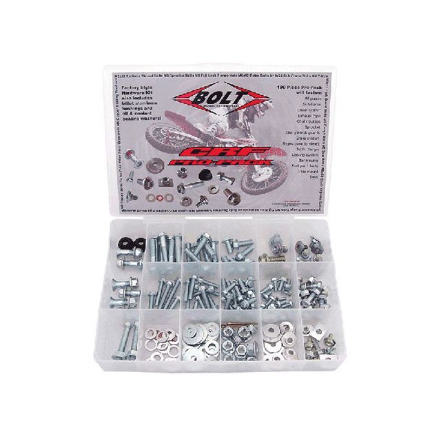 ●メーカー名：ボルト / BOLT●商品名：PRO PACK HONDA CRF商品の保証は、メーカー保証書の内容に準じます。内容CRF Specialty Hardware （個数） （4） M5x0.8x12mm CRF Radiator Shroud Bolt （10） M6x1.0x19mm CRF Rotor Bolt （2） M8x1.25x16mm CRF Shoulder Seat Bolt （2） M8x1.25x22mm CRF Shoulder Seat Bolt （2） M10x1.25x24mm CRF Sub-Frame Bolt （8） M6x1.0x11mm Honda Shoulder Fork Guard Bolt （4） M6 Short T-nut 8mm Hex Head Flange Bolts （4） M5x0.8x12 8mm Hex Head Flange Bolt （2） M6x1.0x12 8mm Hex Head Large Flange Bolt （4） M6x1.0x12 8mm Hex Head Flange Bolt （4） M6x1.0x16 8mm Hex Head Large Flange Bolt （12） M6x1.0x16 8mm Hex Head Flange Bolt （8） M6x1.0x18 8mm Hex Head Flange Bolt （6） M6x1.0x20 8mm Hex Head Flange Bolt （5） M6x1.0x25 8mm Hex Head Flange Bolt （3） M6x1.0x30 8mm Hex Head Flange Bolt （2） M6x1.0x40 8mm Hex Head Flange Bolt （2） M6x1.0x45 8mm Hex Head Flange Bolt 10mm Low Profile Dimpled Hex Head Flange Bolts （2） M8x1.25x16 Low Profile 10mm Hex Head Flange Bolt （4） M8x1.25x20 Low Profile 10mm Hex Head Flange Bolt （4） M8x1.25x25 Low Profile 10mm Hex Head Flange Bolt （3） M8x1.25x30 Low Profile 10mm Hex Head Flange Bolt （4） M8x1.25x35 Low Profile 10mm Hex Head Flange Bolt （8） M8x1.25x40 Low Profile 10mm Hex Head Flange Bolt Sprocket Bolts & Nuts （6） M8x30 Sprocket Bolt （6） M8x1.25 14mm Fuji Nut Chain Adjusters & Nuts （2） M8x1.25x50 10mm Hex Chain Adjuster Bolt （2） M8x1.25 14mm Smooth Flange Nut Nuts （3） M10x1.25 14mm Fuji Nut （12） M6x1.0 10mm Fuji Nut （2） M8x1.25 12mm Hex Head Smooth Flange Nut （1） M6x1.0 10mm Hex Head Smooth Flange Nut Washers （4） M8x17 Flat Washer （2） M8x25 Fender Washer （4） M6x16 Fender Washer （7） M6x22 Fender Washer （5） M6x25 Fender Washer Sealing Washers （2） M6x11mm Copper Compression Washer （6） M8x15mm Aluminum Compression Washer （4） M10x14.5mm Aluminum Compression Washer Aluminum Bushings （2） M6 Large Aluminum Collar Washer （4） M6 Aluminum Collar Washer （4） M6 Aluminum Fender Washer （2） M8 Aluminum Rim-Lock Spacer Valve Stem Accessories （2） Rubber Valve Stem Grommet （2） Black Plastic Valve Cap （1） Metal Screwdriver Valve Cap Screws （2） M4x0.7x12 Phillips Flush Mount Screw （8） M5x0.8x10 Pan Head Screw Cotter Pins （2） 2.5mmx25mm Cotter Pin （2） 2.0mmx20mm Cotter Pin備考オフロードチームやプロショップにお勧めなボルトパッケージ 190pc以上のセット※掲載画像はイメージです。実際の商品とは色味や仕様が異なる場合がございます。メーカー車種年式型式・フレームNo.その他オフロード※商品掲載時の適合情報です。年式が新しい車両については、必ずメーカーサイトにて適合をご確認ください。