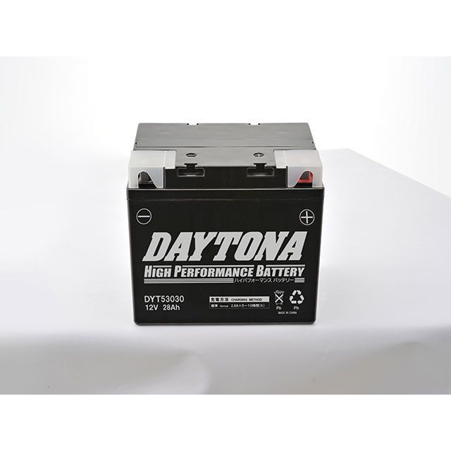 ●メーカー名：デイトナ / DAYTONA●商品名：ハイパフォーマンスバッテリー DYT53030（液入り充電済み）●メーカー品番：95946●JANコード：4909449506240商品の保証は、メーカー保証書の内容に準じます。●互換バッテリーGSYUASA：53030（開放） 純正：61211459650（密閉） Proselect：GL-PS53030●仕様本体質量：8.64kg 10時間率容量：28Ah 端子形状：G 端子位置：（1） ケースサイズ：W178×H166×D123●備考NanoGEL採用で瞬間放電能力が高く、電解液がジェル状のため安全性も高い高性能バッテリー。充電時間が短いうえ自己放電も少なく長寿命です。電解液が注入済みで開封後すぐに使用可能。バッテリー保証期間は1年間。安心してご使用いただくため、製造時と国内入荷時に製品良否のダブルチェックを行なっています。●写真注意※画像はイメージです。メーカー車種年式型式・フレームNo.その他ビーエムダブリューR100RS/RT/GSビーエムダブリューR80RS/GS/R※商品掲載時の適合情報です。年式が新しい車両については、必ずメーカーサイトにて適合をご確認ください。