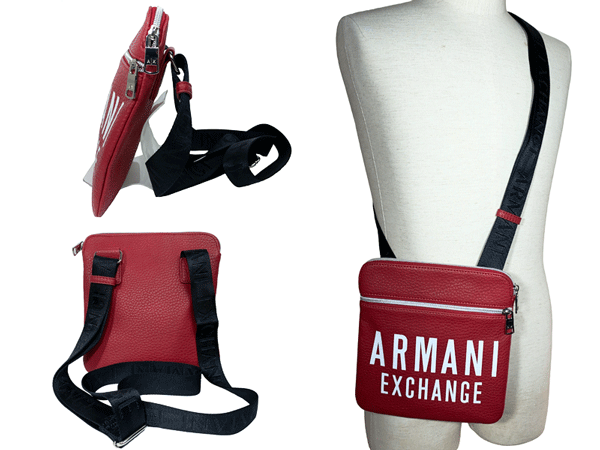 アルマーニ エクスチェンジ クロスボディーバッグ ARMANI EXCHANGE 952108 9A024 ABSOLUTE RED オーバーサイズ ロゴ入り レッド系 エコレザー マチ無し スモール メッセンジャーバッグ クロスボディーバッグ 斜め掛けショルダーバッグ