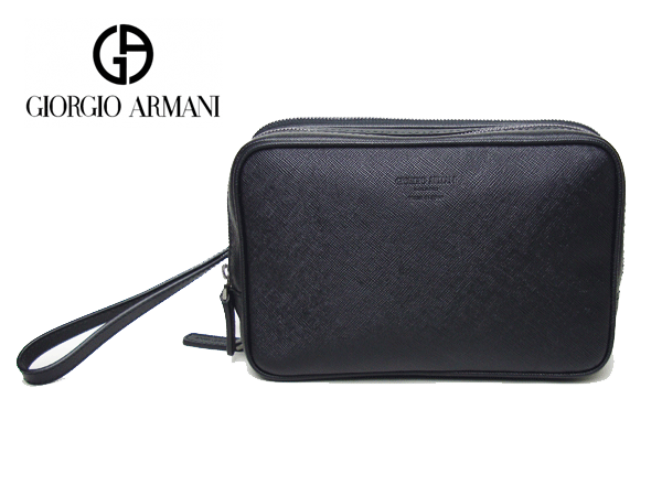 ジョルジオ アルマーニ セカンドバッグ GIORGIO ARMANI Y2P064 YB52J 80001 NERO 型押しロゴ入り ブラック サフィアノレザー ダブルジッパー セカンドバッグ クラッチバッグ