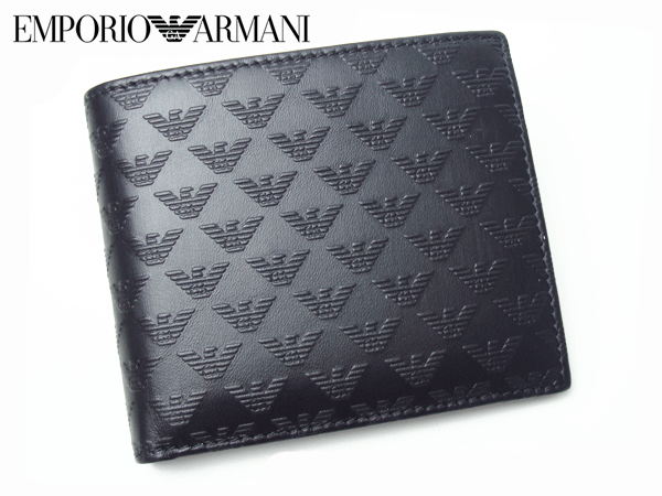 エンポリオアルマーニ 二つ折り財布 EMPORIO ARMANI YEM122 YC043 80001 NERO 型押し GA イーグルマーク柄 ブラックレザー メンズ ウォレット 二つ折り財布