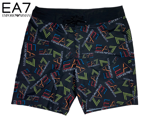 EA7 エンポリオ アルマーニ EA7 EMPORIO ARMANI 902037 0P747 17520 BLACK マルチカラー EA7 ロゴ柄 メンズ ブラック スイムウエアー メンズ48サイズ 日本Mサイズ程度 水着 サーフパンツ スイムショーツ