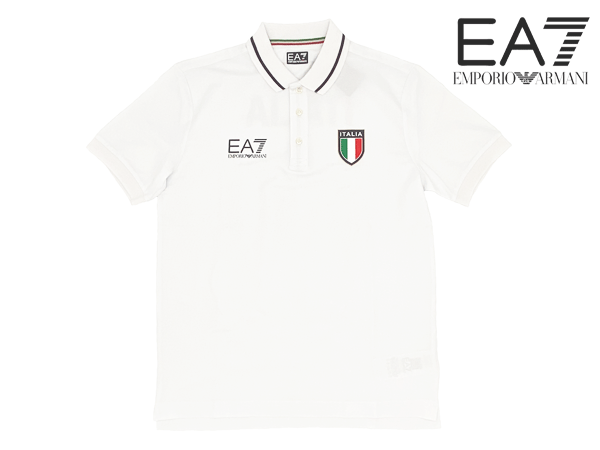 エンポリオ・アルマーニ EA7 エンポリオアルマーニ EA7 EMPORIO ARMANI 8NPFC0 PCA2Z 1100 WHITE イタリア国旗モチーフ EA7 トレインロゴ入り ホワイト メンズ 3つボタン ストレッチ 半袖 ポロシャツ メンズMサイズ