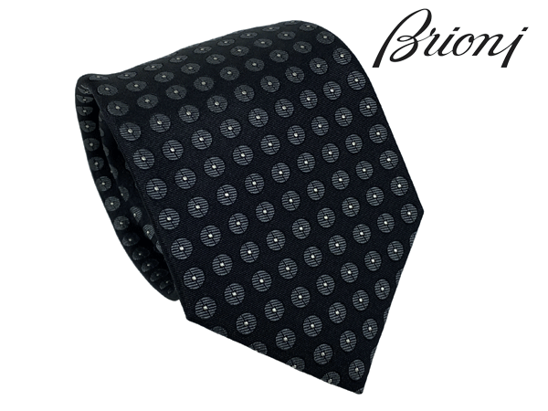 ブリオーニ ブリオーニ ネクタイ Brioni O61D00 O9430 1012 BLACK GRAPHITE ブラック地 グラファイト グレー系 ドッド柄 シルク ジャガード ハンドメイド ネクタイ