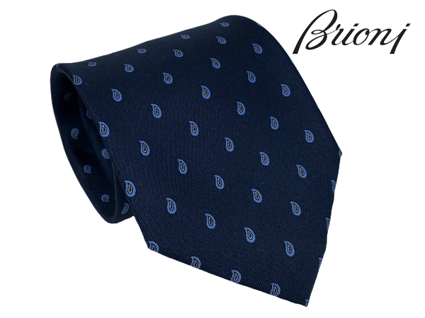 ブリオーニ ブリオーニ ネクタイ Brioni O61D00 O943Q 4048 MIDNIGHT BLUE BLUETTE ミッドナイトブルー系地 ブルー系Xイエロー系 マイクロ ペイズリー柄 シルク プリント ハンドメイド ネクタイ