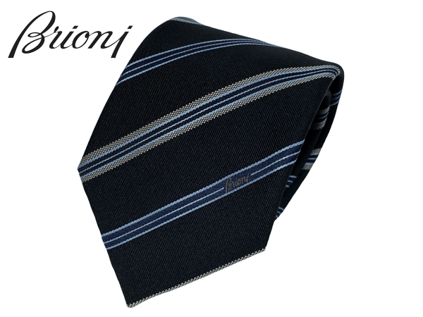 ブリオーニ ブリオーニ ネクタイ Brioni O61D00 O9461 4014 MIDNIGHT BLUE ワンポイントロゴ入り ミッドナイトブルー系地 レジメンタル ストライプ柄 シルク ジャガード ハンドメイド ネクタイ