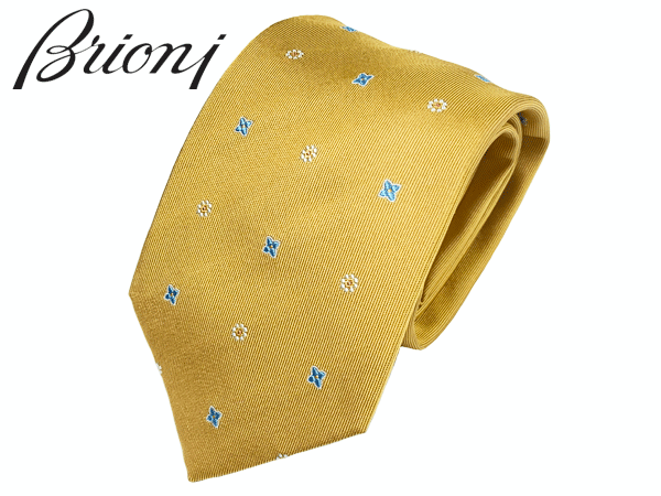 ブリオーニ ブリオーニ ネクタイ Brioni O61D00 P941J 7048 GOLD BLUETTE ゴールド系地 フラワー柄 小紋 シルク ハンドメイド ネクタイ