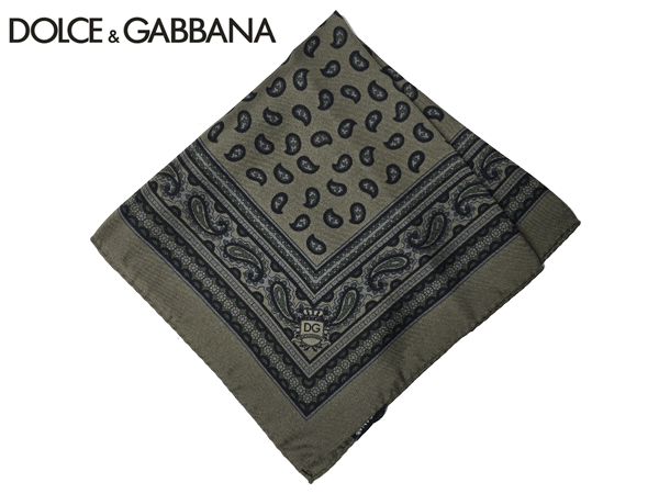 DOLCE&GABBANA ドルチェ&ガッバーナ チーフ GR412E G0SP6 S8035 エンブレムDGロゴ絵柄入り モスグリーン系地 ペイズリー柄 シルク ポケットチーフ ポケットスクエア ドルガバ