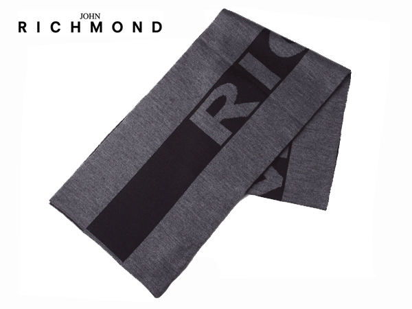 リッチモンド リッチモンド マフラー RICHMOND ZIIFX AE01 0736 1000 RICHMOND ロゴ入り ブラックXグレー ウール混 マフラー JOHN RICHMOND ジョン リッチモンド