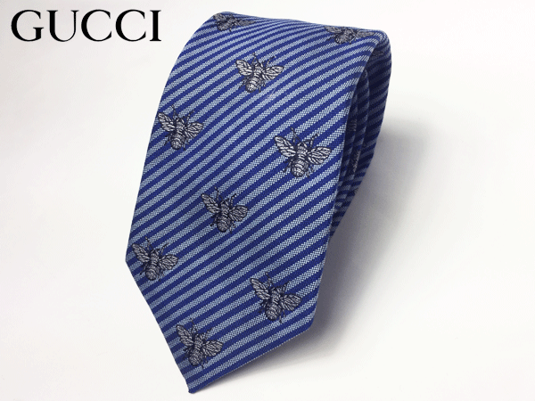 グッチ ネクタイ GUCCI 473176 4E648 4069 BEE ブルー系地 蜂 ビー 絵柄入り ストライプ スリム ネクタイ