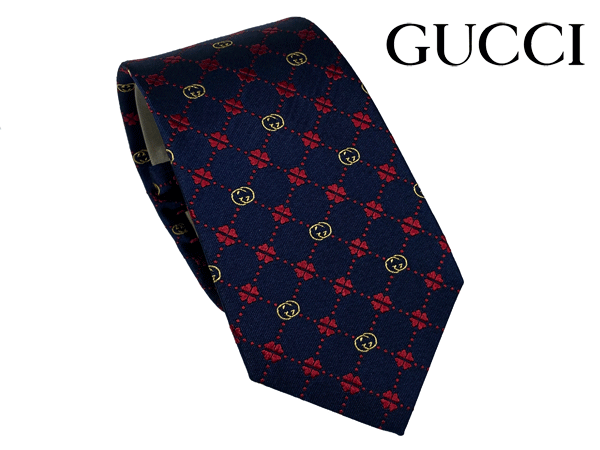 グッチ ネクタイ GUCCI 658242 4E002 4074 GUCK MC ネイビー系地 ゴールド系 インターロッキングG柄 X ライトボルドー系 4つ葉のクローバー 格子チェック柄 ナロー ネクタイ