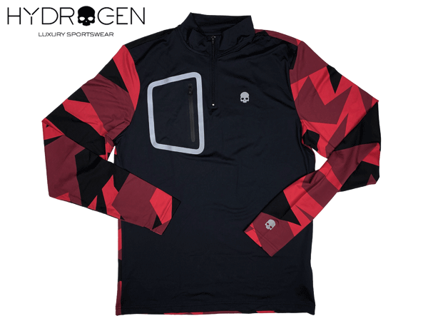 ハイドロゲン ポロシャツ HYDROGEN G00015 HALF ZIP T-SHIRT LS RED CAMOUFLAGE BLACK スカル絵柄入り メンズ向け ブラックXレッド系 カモフラージュ柄 長袖 ハーフジップ ゴルフ シャツ メンズXLサイズ