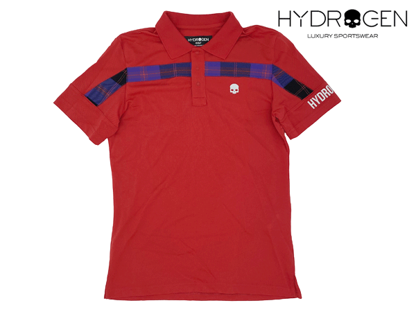 ハイドロゲン ゴルフ ポロシャツ HYDROGEN GOLF G00502 002 RED TECH POLO 再帰反射 スカル絵柄 ロゴ入り メンズ向け チェックライン入り ストレッチ レッド ピケ ゴルフ ポロシャツ メンズSサイズ