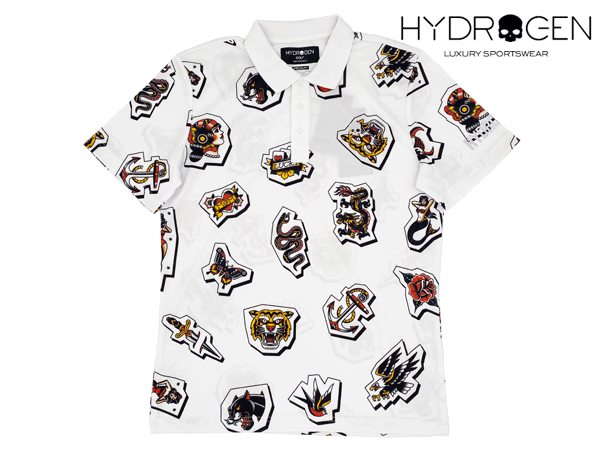 ハイドロゲン ゴルフ ポロシャツ HYDROGEN GOLF G00504 001 WHITE TATTO POLO 再帰反射 スカル絵柄 ロゴ入り メンズ向け タトゥー絵柄 ホワイト ゴルフ ポロシャツ メンズMサイズ