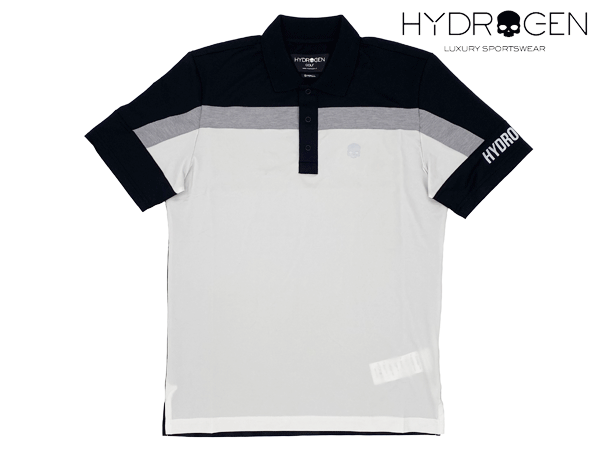 ハイドロゲン ポロシャツ HYDROGEN G00000 077 WHITE BLACK GOLF POLO 再帰反射 スカル絵柄 ロゴ入り ブラックXホワイト地 グレーライン入り メンズ向け 半袖 ストレッチ ゴルフ ポロシャツ メンズSサイズ