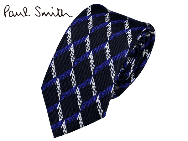 ポールスミス ネクタイ ポールスミス ネクタイ Paul Smith M1A 0TIE FT204 MEN TIE PS GEO ブラック地 ホワイト系Xブルーネイビー系 ロゴ 格子柄 ナロー ネクタイ