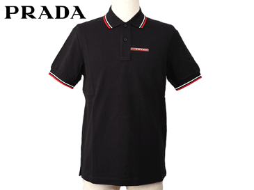 プラダ スポーツ ポロシャツ PRADA SPORT SJJ887 NERO ロゴタグ付き 襟袖赤白ライン入り メンズ向け ブラック 鹿の子 半袖 ポロシャツ XLサイズ 日本メンズ3Lサイズ程度 PRADA プラダ プラスポ