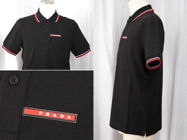 プラダ スポーツ ポロシャツ PRADA SPORT SJJ887 NERO ロゴタグ付き 襟袖赤白ライン入り メンズ向け ブラック 鹿の子 半袖 ポロシャツ XLサイズ 日本メンズ3Lサイズ程度 PRADA プラダ プラスポ