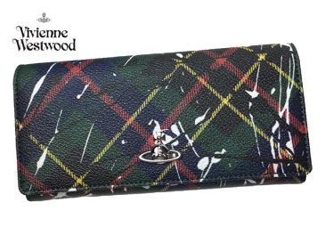 ヴィヴィアンウエストウッド 財布 Vivienne Westwood 51100002 10802 O101 SPLASHES MC ANDREAS COATED CANVAS DERBY FRAME WALLET オーブ プレート付き スプラッシュ グリーン系 タータンチェック柄 ロングウォレット プラップ 長財布