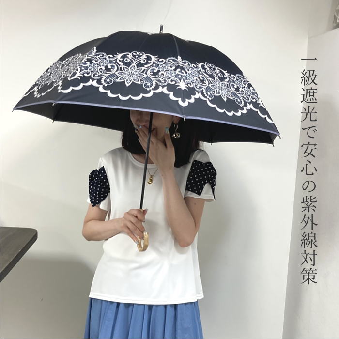 日傘 完全遮光 長傘 ロング傘 晴雨兼用 撥水 UVカット 100 レディース 傘 1級遮光 パラソル 超撥水 レース柄 紫外線カット 熱中症 日よけ 50cm おしゃれ かわいい 竹ハンドル 竹 持ち手 バンブー グラスファイバー 8本 春 夏 ギフト プレゼント 送料無料 黒 ブラック 柄 柄物