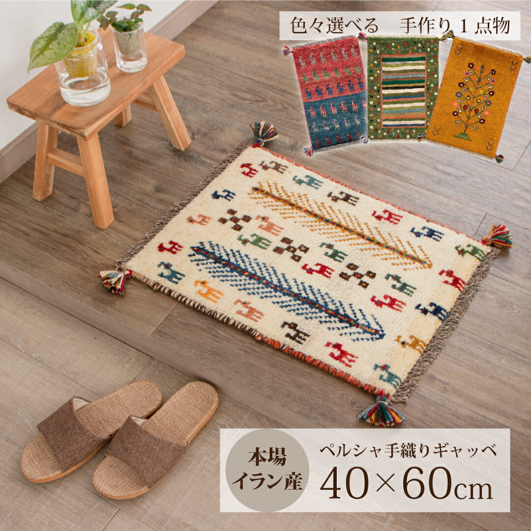 【本場イラン産】約40×60cm ギャッベ 玄関マットなど（送料無料 手織り 天然 かわいい おしゃれ ふかふか 厚手 北欧 おうち時間 床暖房対応 ウール100% 人気 マット 絨毯 ラグ ペルシャ ギャベ Gabbeh）