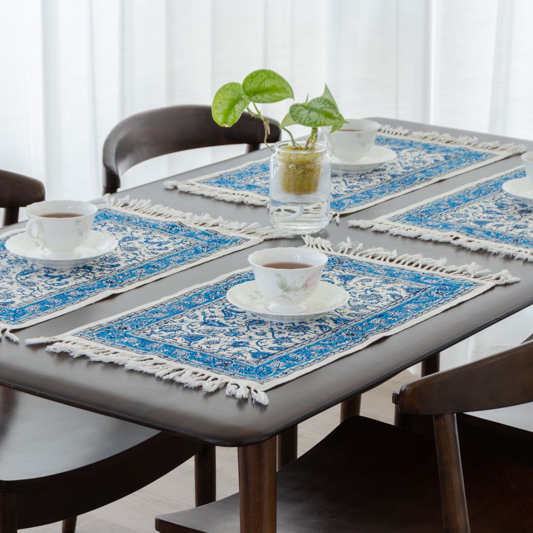 【本場イラン産】ペルシャ更紗　30×50cm　総柄　ブルー　4枚セット（送料無料 洗濯OK 洗える ランチョンマット 花瓶敷き マルチカバー 手染め 天然染料 かわいい おしゃれ 綿100% ペルシャ）(3)