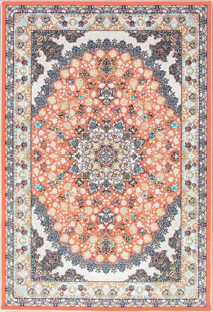 【本場イラン産】100×150cm 織り目の細かさ144万ノット！ ペルシャ絨毯（機械織） スーザン柄　サーモン色（送料無料 おしゃれ 絨毯 ペルシャ絨毯風 ラグ 洗える ホットカーペット対応）