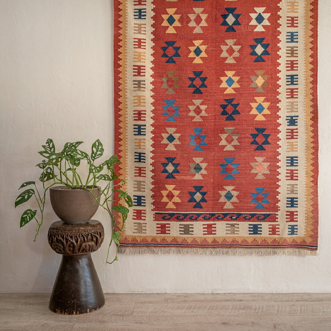 【本場イラン産】114×177cm キリム ラグサイズL(送料無料 手織り 天然染料 かわいい おしゃれ 絨毯 ラグ ヴィンテージ トライバル ウール100%)◆DARA ダーラー [2]