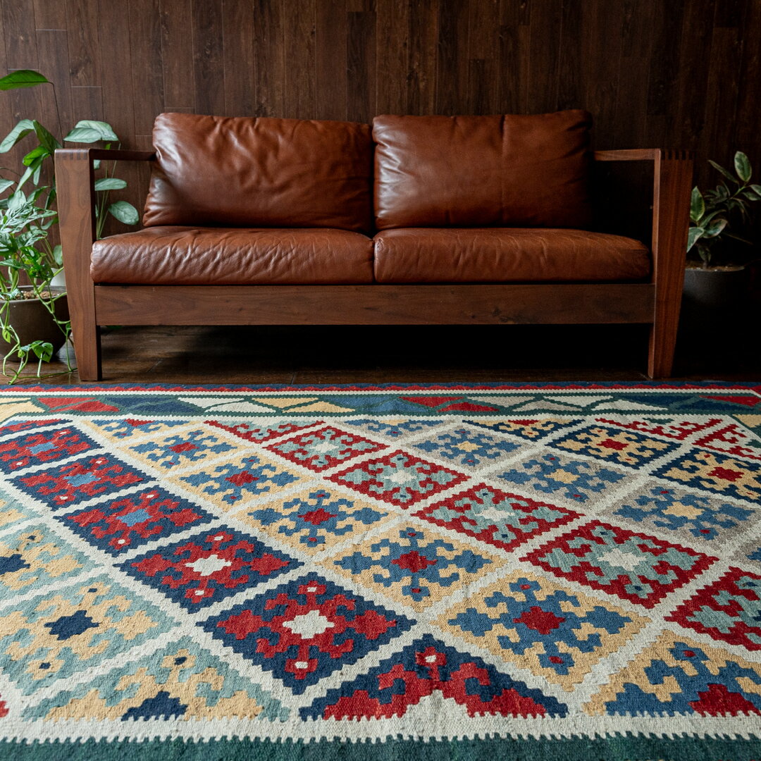 【本場イラン産】155×208cm キリム ラグサイズL(送料無料 手織り 天然染料 かわいい おしゃれ 絨毯 ラグ ヴィンテージ トライバル ウール100%)◆BEHNAM ベフナーム