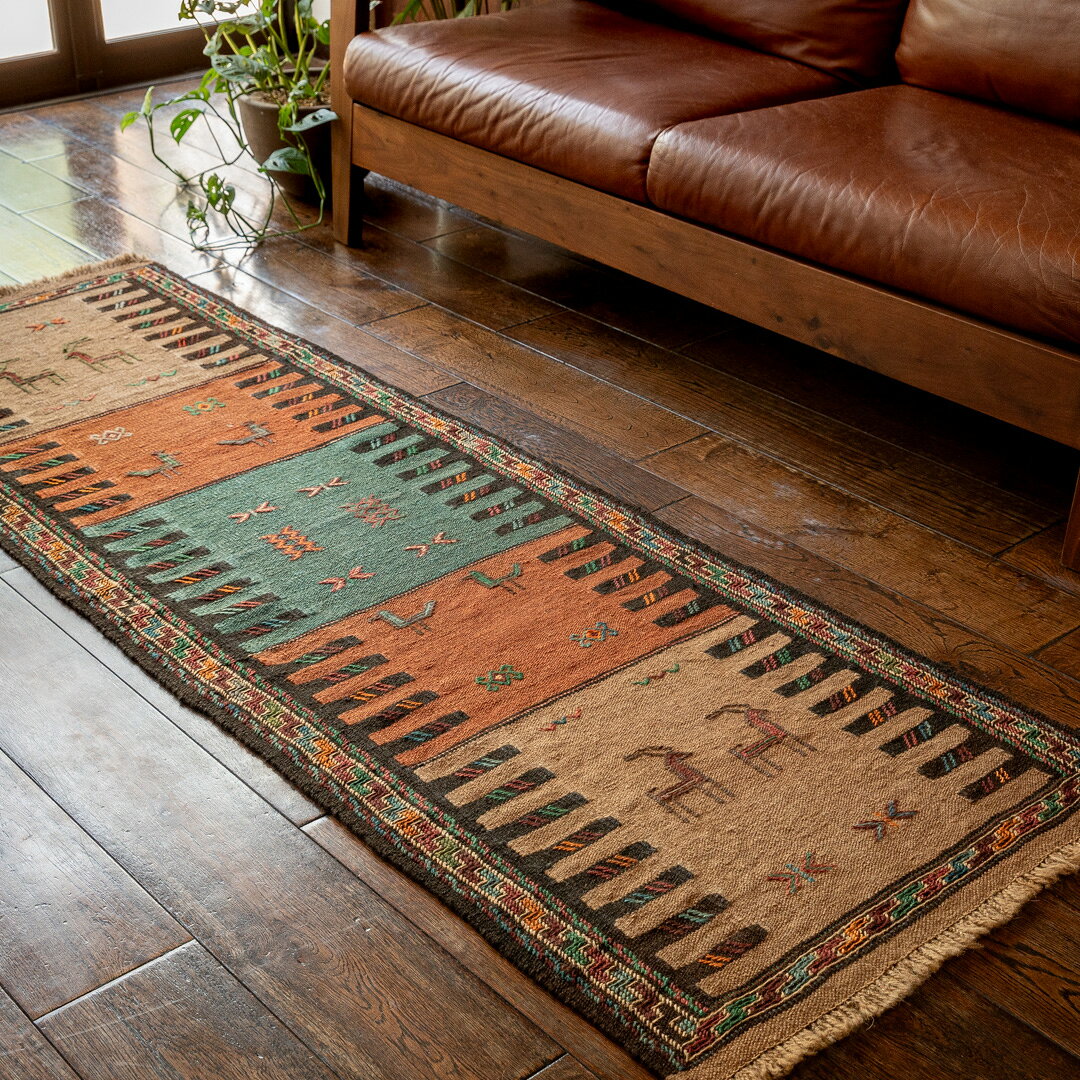 【楽天スーパーSALE30%OFF】【本場イラン産】64×187cm キリム ランナー（長細い）サイズ（送料無料 手織り 天然染料 かわいい おしゃれ 絨毯 ラグ ヴィンテージ トライバル ウール100%）◆KASRA　カスラー