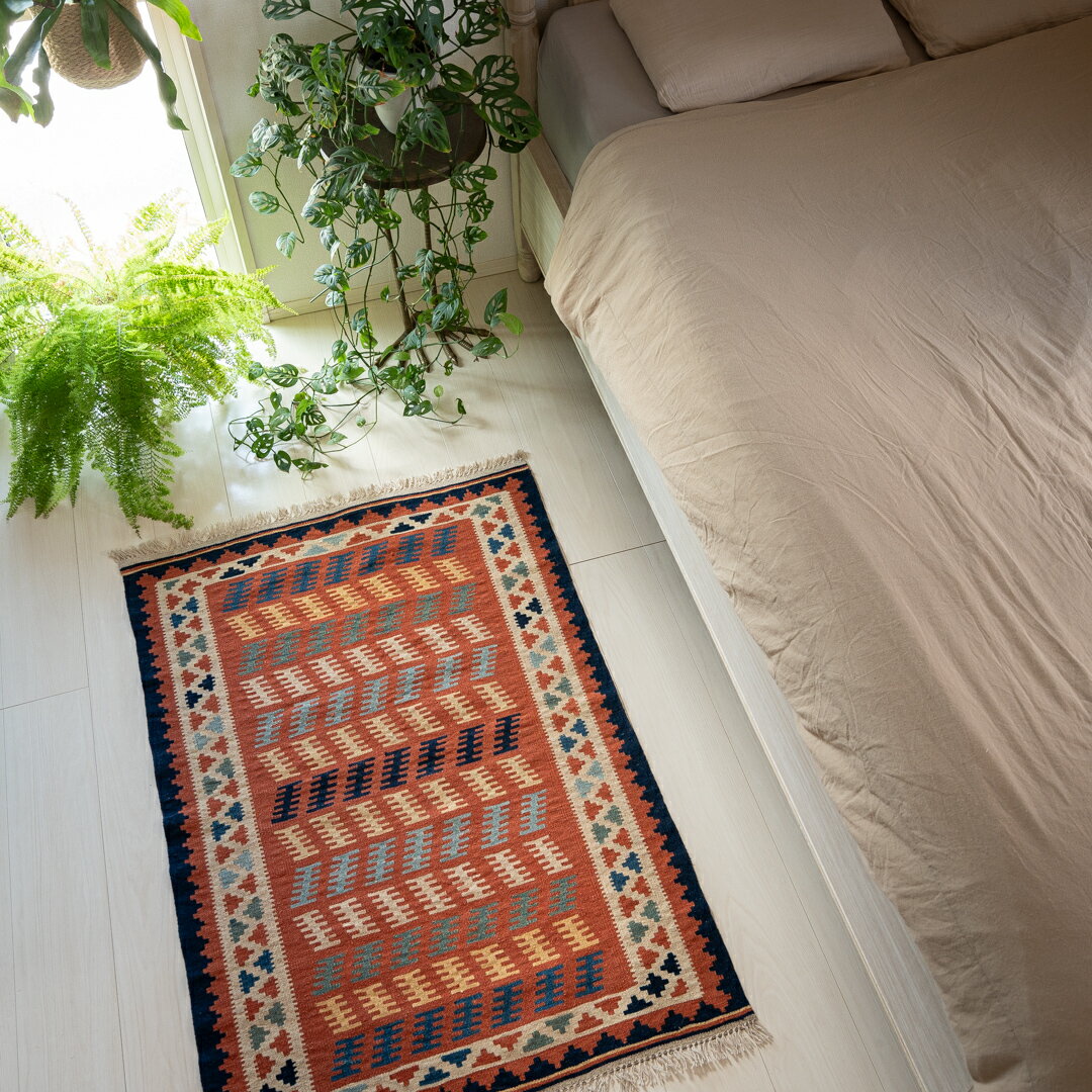 【本場イラン産】80×120cm キリム 玄関マット他（送料無料 手織り 天然染料 かわいい おしゃれ 絨毯 ラ..