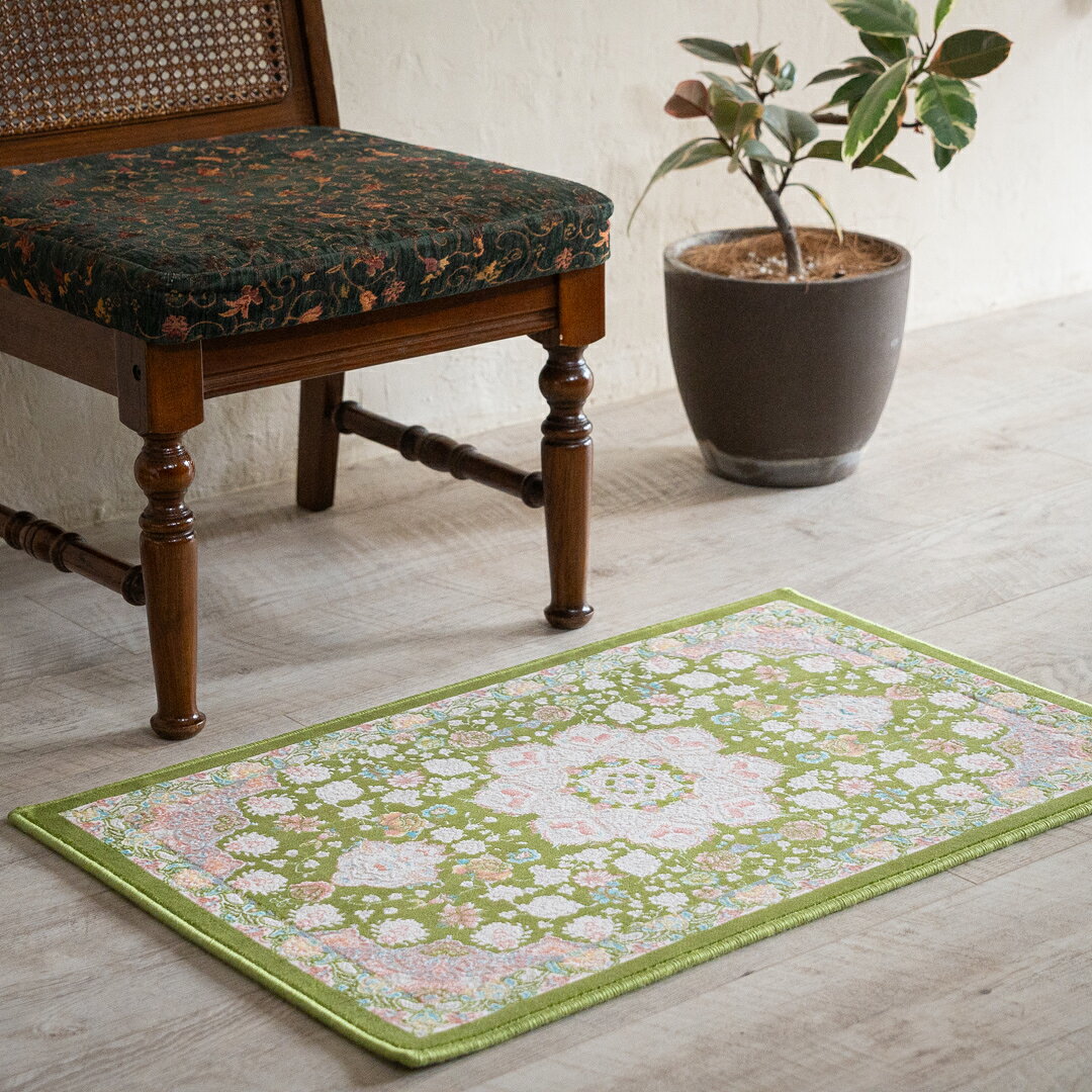 【楽天スーパーSALE30%OFF】【本場イラン産】50×80cm 織り目の細かさ144万ノット! ペルシャ絨毯(機械織) スーザン柄 グリーン色(送料無料 おしゃれ 絨毯 ペルシャ絨毯風 ラグ 玄関マット 洗える ホットカーペット対応) [2]