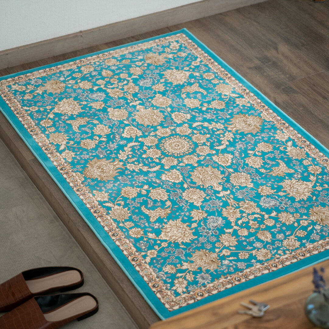 【本場イラン産】75×120cm 織り目の細かさ144万ノット！ ペルシャ絨毯（機械織） マールー柄　ブルー色..