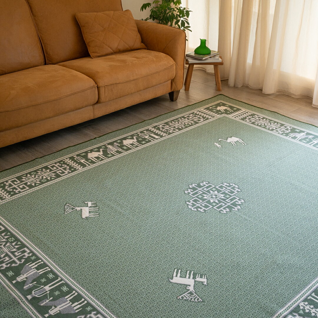 【本場イラン産】ル・ファルシー（綿カーペット）　200×250cm　キャラバン柄　グリーン色（送料無料 お..