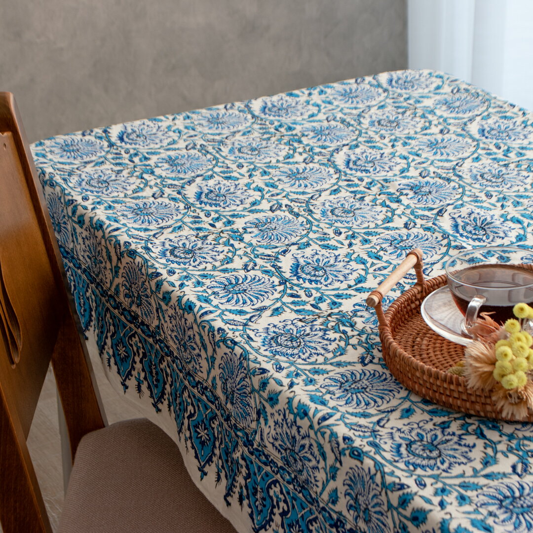 【本場イラン産】ペルシャ更紗 総柄 ブルー 約100×150cm (ペルシャ絨毯風 洗える マルチカバー ギフト テーブルクロス 綿100% ガラムカール おしゃれ 送料無料)