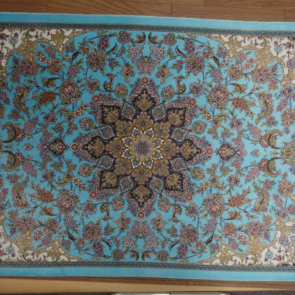 樂天商城 - 【ペルシャ絨毯 機械織手仕上げ クム産】直輸入120x75cm ブルー KM0445【バンブーシルク／玄関マット】