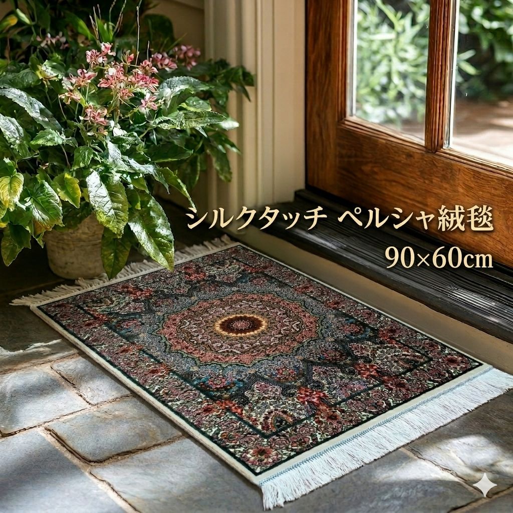 樂天商城 - 【ペルシャ絨毯 機械織手仕上げ シルクタッチ】「玄関マット」90x60cmベージュ、スカイブルー、ピンク/メダリオン　【バンブーシルク】KM0621