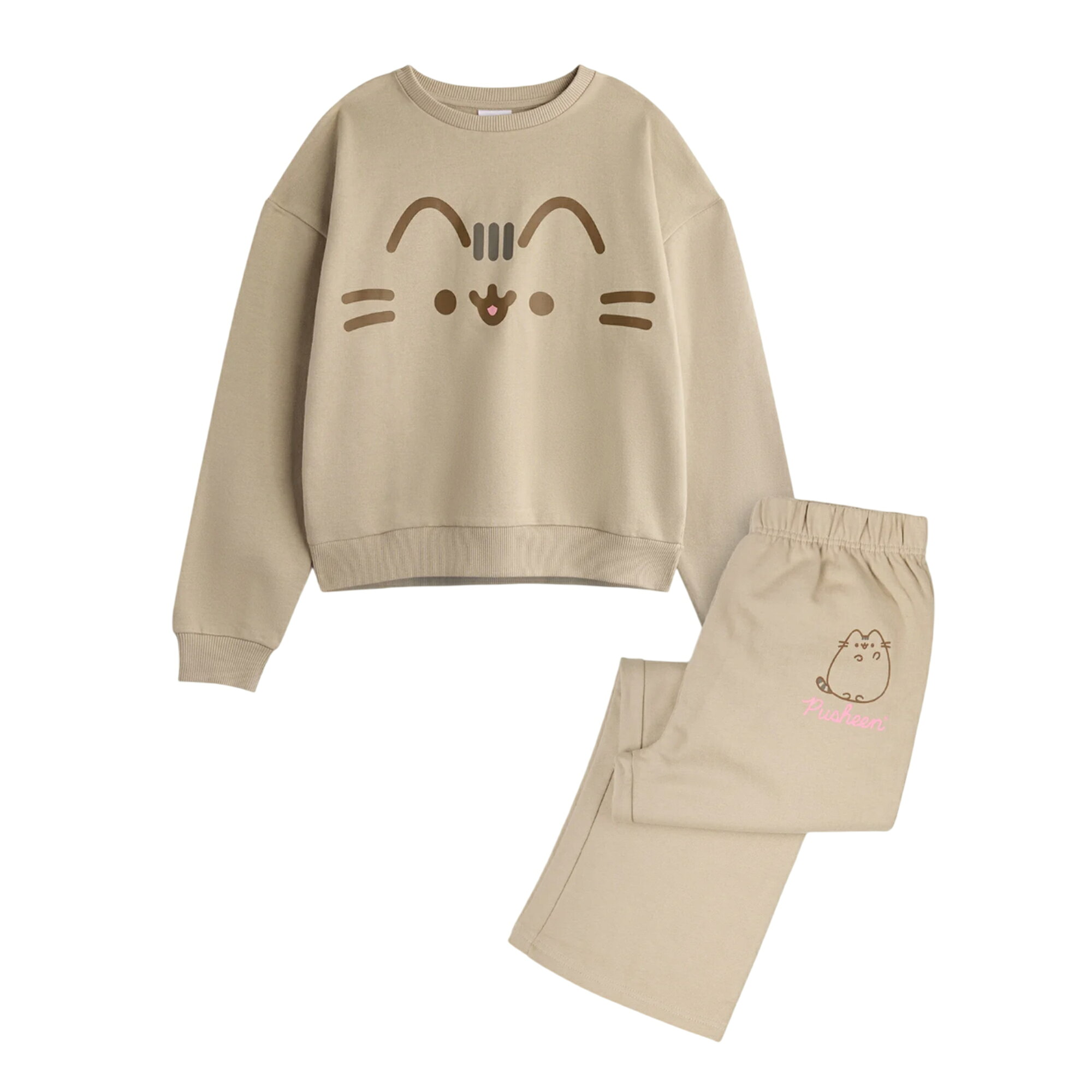 (ねこのプシーン) Pusheen オフィシャル商品 キッズ・子供 ガールズ トレーナー Big Face 長袖 トップス ズボン セット 【海外通販】