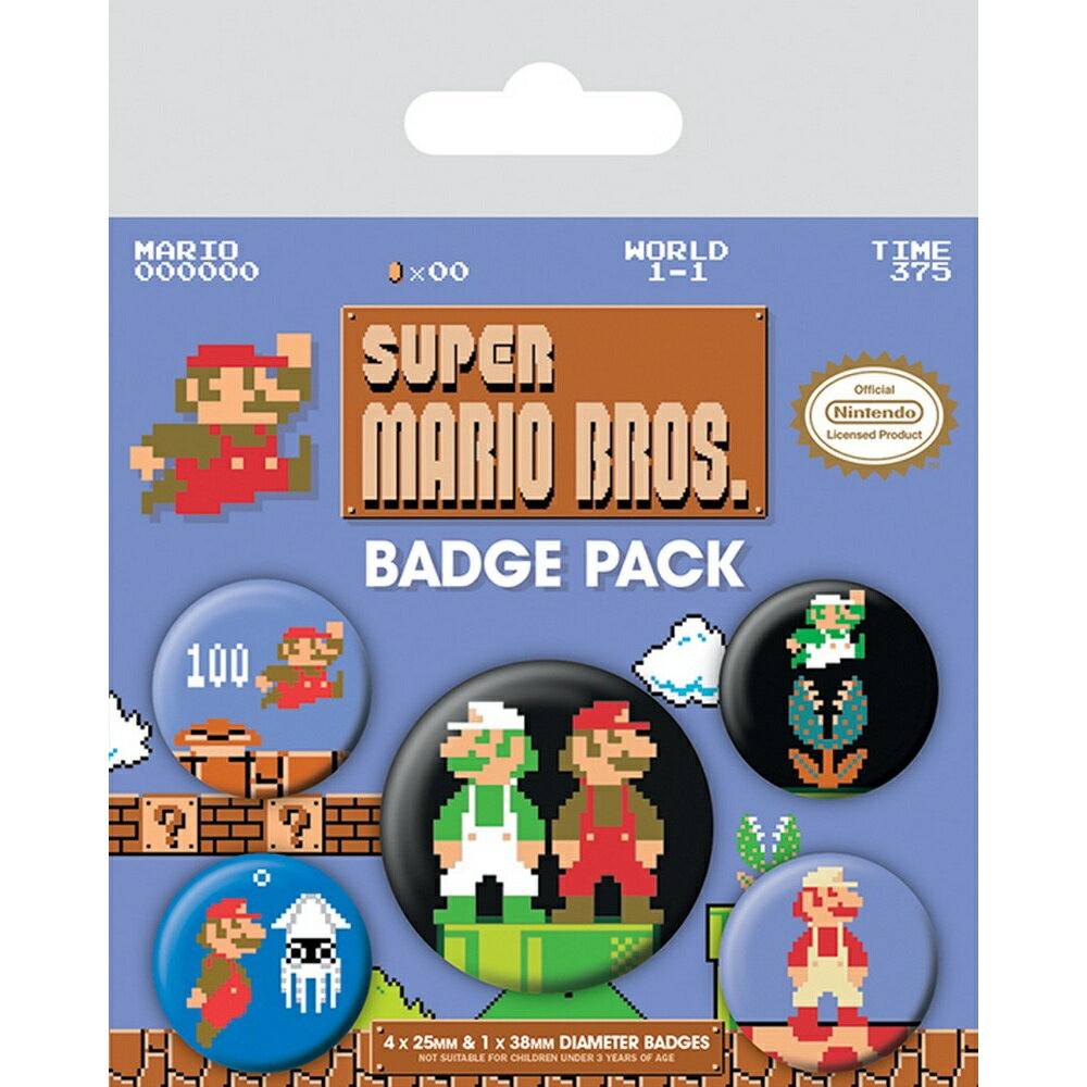 (スーパーマリオブラザーズ) Super Mario オフィシャル商品 レトロ バッジセット 缶バッジ (5組セット) 【海外通販】